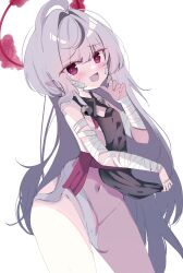 Rule 34 | 1girl, absurdres, ahoge, bandaged arm, bandages, bandaid, bandaid on arm, bandaid on cheek, bandaid on face, bell, blue archive, blush, breasts, clothes lift, commentary, cowboy shot, fujiwarahatsune, grey hair, hair censor, halo, highres, jingle bell, lifting own clothes, long hair, looking at viewer, navel, no panties, open mouth, pelvic curtain, pelvic curtain lift, pointy ears, purple eyes, purple halo, shuro (blue archive), simple background, small breasts, solo, very long hair, white background
