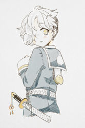 Rule 34 | 10s, 1boy, freckles, gokotai, grimay, hair over one eye, looking back, male focus, personification, short sword, solo, sword, tantou, touken ranbu, upper body, weapon, white hair, yellow eyes