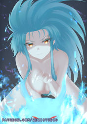 Rule 34 | 1girl, blue hair, breasts, commentary, english commentary, eyelashes, female pubic hair, hanging breasts, kneeling, large breasts, long hair, looking at viewer, nipples, nude, pubic hair, ryouko (tenchi muyou!), sidelocks, solo, spiked hair, tenchi muyou!, watermark, web address, yellow eyes, zeri (zeristudio)