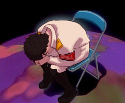 Rule 34 | 1boy, boots, chair, covering face, danganronpa: trigger happy havoc, danganronpa (series), despair, folding chair, from above, full body, hands on own face, highres, ishimaru kiyotaka, male focus, neon genesis evangelion, parody, sitting, solo, suppup17