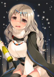 Rule 34 | 1girl, alcohol, arknights, bead necklace, beads, belt, between legs, black belt, black capelet, black thighhighs, blush, bottle, breasts, brown eyes, capelet, cosplay, cowboy shot, dress, drooling, drunk, empty eyes, hair between eyes, hand between legs, head chain, highres, holding, holding bottle, jewelry, kantai collection, large breasts, long hair, long sleeves, mouth drool, necklace, nose blush, open mouth, pola (kancolle), pramanix (arknights), pramanix (arknights) (cosplay), sidelocks, silver hair, sitting, solo, thighhighs, turtleneck, turtleneck dress, underbust, wavy hair, white dress, wine, yasume yukito