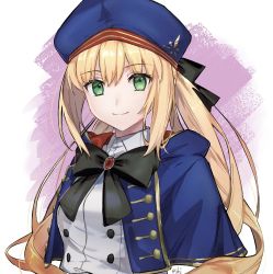 Rule 34 | 1girl, artoria caster (fate), artoria caster (second ascension) (fate), artoria pendragon (fate), beret, black bow, blonde hair, bow, closed mouth, eiki (eikityou 55), fate/grand order, fate (series), green eyes, hair between eyes, hat, highres, long hair, multiple tails, raincoat, red stone, shirt, simple background, smile, tail, aesc (fate), two tails, white background, white shirt