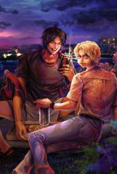 Rule 34 | 2boys, alternate costume, bead necklace, beads, black hair, blonde hair, cellphone, closed eyes, closed mouth, cup, denim, eating, eg (eastg111), food, freckles, highres, holding, holding cup, holding phone, jeans, jewelry, looking at viewer, male focus, multiple boys, necklace, night, night sky, one piece, open mouth, outdoors, pants, phone, pizza, portgas d. ace, sabo (one piece), scar, scar across eye, scar on face, shirt, short hair, short sleeves, sitting, sky, smile, teeth, v-shaped eyebrows, watch, wristwatch