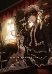 Rule 34 | 1girl, artist name, black hair, black skirt, black thighhighs, bonnet, celestia ludenberg, couch, criis-chan, cup, danganronpa: trigger happy havoc, danganronpa (series), dress shirt, drill hair, earrings, frilled shirt, frills, gothic lolita, hair ornament, holding, holding cup, indoors, jacket, jewelry, lace, lace-trimmed skirt, lace trim, lamp, layered skirt, lolita fashion, long hair, long sleeves, looking at viewer, nail polish, necktie, open clothes, open jacket, print necktie, red eyes, red necktie, ribbon-trimmed thighhighs, ribbon trim, shirt, sitting, skirt, smile, solo, thighhighs, twin drills, twintails, window