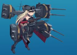 Rule 34 | 1girl, bad id, bad pixiv id, bare shoulders, bismarck (kancolle), blonde hair, blue background, blue eyes, brown gloves, cannon, detached sleeves, fujibejifu, full body, gloves, grey legwear, hat, kantai collection, long hair, military, military uniform, peaked cap, rigging, simple background, solo, turret, uniform