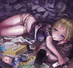 Rule 34 | 1girl, ahoge, bad id, bad pixiv id, bags under eyes, blonde hair, blue eyes, can, cellphone, cigarette, cigarette pack, clothes lift, clothes writing, controller, drink can, electric fan, elf, facial mark, forehead mark, geeto gaadian, handheld game console, lighter, lying, messy room, midriff, navel, on side, original, phone, pillow, plate, playstation vita, pointy ears, remote control, shirt, shirt lift, short hair, shorts, sketch, smartphone, smoking, soda can, solo, tissue box