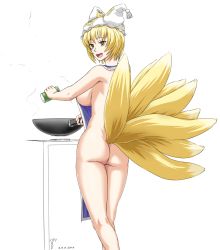 Rule 34 | 1girl, apron, ass, bad deviantart id, bad id, blonde hair, breasts, cooking, female focus, fox tail, hat, huge breasts, jadf, kneepits, large breasts, multiple tails, naked apron, short hair, solo, tail, touhou, yakumo ran, yellow eyes