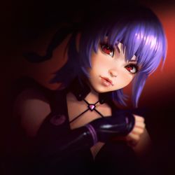 Rule 34 | 1girl, ayane (doa), bad id, bad tumblr id, dark background, dead or alive, fingerless gloves, gloves, gradient background, headband, ilya kuvshinov, lips, looking at viewer, parted lips, purple hair, red eyes, short hair, solo