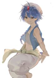 Rule 34 | 1boy, aladdin (magi), arabian clothes, baggy pants, blue eyes, blue hair, braid, child, cropped vest, forehead jewel, highres, jewelry, kimuo (kimo0), long hair, looking at viewer, magi the labyrinth of magic, male focus, midriff, outstretched hand, pants, sarashi, simple background, single braid, smile, turban, vest, white background