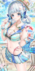 Rule 34 | 1girl, absurdres, alternate costume, arms up, ayaka (genshin impact), beach, bead necklace, beads, bikini, blue bikini, blue eyes, blue hair, blue skirt, blue sky, blunt bangs, blush, braid, breasts, butterfly hair ornament, cleavage, closed mouth, commentary request, cup, eating, flower, genshin impact, hair flower, hair ornament, highres, holding, holding cup, holding spoon, ice cream cup, jewelry, kiramarukou, medium breasts, medium hair, mole, mole under eye, multicolored eyes, navel, necklace, official alternate hairstyle, outdoors, pink flower, sidelocks, skirt, sky, solo, spoon, stomach, sweatdrop, swimsuit, water drop, white wrist cuffs, wrist cuffs
