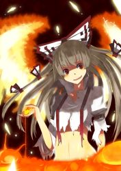 Rule 34 | 1girl, bad id, bad pixiv id, bow, crazy, crazy eyes, female focus, fiery wings, fire, fujiwara no mokou, fuurin (omaemona), hair bow, hair ribbon, long hair, lava, multiple hair bows, red eyes, ribbon, silver hair, smile, solo, suspenders, torn clothes, touhou, wings