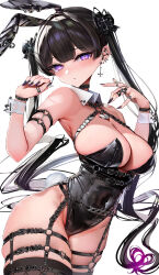 Rule 34 | 1girl, :/, absurdres, animal ears, arm strap, arm up, armpits, bad id, bad twitter id, barbell piercing, bare shoulders, belt, black belt, black bow, black garter belt, black hair, black nails, black thighhighs, bow, buckle, chest belt, closed mouth, collar, contrapposto, covered navel, cowboy shot, detached collar, ear piercing, earrings, fake animal ears, fake tail, fingernails, garter belt, hair bow, hand up, hands up, heart, heart-shaped lock, highleg, highleg leotard, highres, industrial piercing, inverted cross earrings, jewelry, leotard, long fingernails, long hair, looking at viewer, lumium, multiple piercings, original, piercing, playboy bunny, purple eyes, rabbit tail, ring, simple background, skindentation, solo, standing, tail, thick thighs, thigh strap, thighhighs, thighs, turning head, twintails, very long hair, white background, white collar, wing collar, wrist belt, wrist cuffs