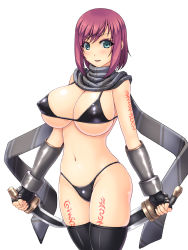 Rule 34 | 1girl, abu, bikini, black bikini, blue eyes, blush, breasts, dual wielding, covered erect nipples, fingerless gloves, gloves, highres, holding, large breasts, looking at viewer, nel zelpher, red hair, reverse grip, scarf, short hair, short sword, solo, square enix, star ocean, star ocean till the end of time, swimsuit, sword, tattoo, thighhighs, weapon