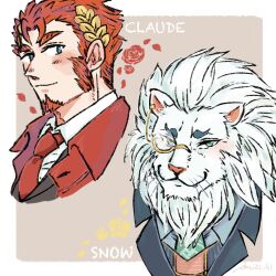 Rule 34 | 2boys, animal ears, artist name, bara, black suit, blush, cape, character name, claude (housamo), commentary request, flower, formal, furry, furry male, green eyes, highres, lion boy, lion ears, lion mane, male focus, monocle, multiple boys, necktie, red cape, red flower, red necktie, red rose, rose, smile, snow (housamo), suit, tokyo houkago summoners, upper body, whiskers, yellow flower, yellow rose, yokujitsu (yokuzi 41)