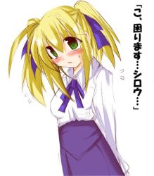 Rule 34 | 00s, 1girl, alternate hairstyle, artoria pendragon (all), artoria pendragon (fate), bad anatomy, blonde hair, blouse, blush, fate/stay night, fate (series), green eyes, poorly drawn, saber (fate), shirt, solo, twintails