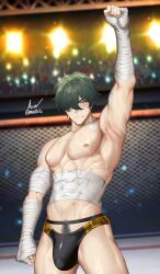 1boy abs absurdres arm_up armpits asa_ifrit_(asaifrit) bandaged_arm bandaged_chest bandaged_hand bandages bandaid bandaid_on_arm black_male_underwear green_eyes green_hair hair_between_eyes highres lighter_(zenless_zone_zero) male_focus male_underwear muscular muscular_male nipples pubic_hair scar short_hair solo stadium stomach underwear zenless_zone_zero