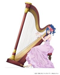 Rule 34 | 1girl, aika granzchesta, alternate costume, alternate hairstyle, aria (manga), bare shoulders, blue hair, bracelet, copyright name, copyright notice, dress, eyelashes, flower, frilled dress, frills, full body, hair flower, hair ornament, hands up, harp, high heels, highres, instrument, jewelry, long dress, music, nail polish, official art, open mouth, playing instrument, purple dress, red nails, sidelocks, simple background, sitting, sleeveless, sleeveless dress, solo, strapless, strapless dress, swept bangs, toe cleavage, white background, white footwear