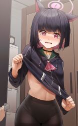 Rule 34 | 1girl, 1other, absurdres, animal ears, black choker, black hair, black jacket, black pantyhose, blue archive, bob cut, chirpy, choker, clothes lift, commentary request, door, doorway, extra ears, green sailor collar, halo, highres, jacket, jacket lift, kazusa (blue archive), lifted by self, long sleeves, multicolored hair, opening door, pantyhose, pink hair, pink halo, pov doorway, sailor collar, school uniform, serafuku, short hair, solo focus, two-tone hair