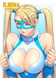 Rule 34 | 1girl, blonde hair, blue eyes, breasts, character name, cleavage, cleavage cutout, clothing cutout, domino mask, heart cutout, ken19941028, large breasts, long hair, looking at viewer, mask, parted lips, rainbow mika, solo, street fighter, twintails, upper body, very long hair, wrestling outfit