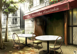 Rule 34 | awning, bad id, bad pixiv id, building, cafe, chair, cobblestone, day, flower, no humans, open door, original, outdoors, plant, potted plant, railing, road, scenery, sign, sunlight, table, tree, waraimasuka, window