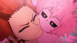 Rule 34 | 1boy, 1girl, 3d, ashido mina, biting, black sclera, boku no hero academia, cheek biting, close-up, closed eyes, closed mouth, collarbone, colored sclera, colored skin, commentary, completely nude, english commentary, frown, greatm8, half-closed eyes, highres, horns, jitome, kirishima eijirou, nude, pink hair, pink skin, red hair, short hair, source filmmaker (medium), v-shaped eyebrows, yellow eyes