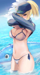 Rule 34 | 1girl, absurdres, artoria pendragon (fate), bikini, blonde hair, blue eyes, breasts, cleavage, dripping, fate/grand order, fate (series), floating, floating object, hat, highres, in water, large breasts, mookie (e mook9), mysterious heroine x (fate), mysterious heroine xx (fate), navel, one eye covered, skindentation, solo, swimsuit, thick thighs, thighs, undressing, wading, water, wet, white bikini