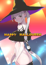 Rule 34 | 1girl, ass, azur lane, back, bare shoulders, black hat, blunt bangs, blush, breasts, brown eyes, dytm, formidable (azur lane), halloween, hat, highres, long hair, silver hair, smile, solo, twintails, underboob, very long hair, witch hat