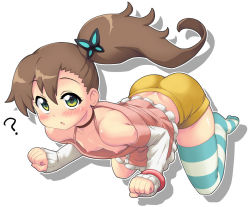 Rule 34 | 1girl, ?, bare shoulders, blush, bracelet, brown hair, butterfly hair ornament, choker, chousoku henkei gyrozetter, downblouse, flat chest, green eyes, hair ornament, hase yu, inaba rinne, jewelry, long sleeves, nipple slip, nipples, open mouth, petite, ribbon choker, shorts, side ponytail, single thighhigh, skates, sleeves past wrists, smile, solo, striped clothes, striped thighhighs, thighhighs, white background