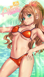 Rule 34 | 1girl, bikini, bow, breasts, brown hair, character name, collarbone, commentary request, cowboy shot, green eyes, hair bow, hair ribbon, hand on own hip, high ponytail, highres, hino akane (idolmaster), idolmaster, idolmaster cinderella girls, looking at viewer, medium breasts, mushoku toumei, navel, orange bikini, polka dot, polka dot bow, ponytail, red bow, ribbon, scrunchie, signature, solo, swimsuit