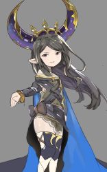 Rule 34 | 10s, 1girl, arulumaya, bad id, bad pixiv id, black bow, black dress, black hair, bow, brown eyes, crescent, dress, granblue fantasy, grey background, harvin, harvin, hat, long hair, long sleeves, mole, mole under eye, open mouth, pointy ears, rokuromi, short dress, simple background, smile, solo, thighhighs, zettai ryouiki