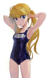 Rule 34 | 1girl, armpits, bad id, bad pixiv id, blonde hair, blue eyes, highres, lips, long hair, modare, name tag, one-piece swimsuit, original, ponytail, purple eyes, school swimsuit, shiny clothes, simple background, solo, swimsuit, twintails, wet, wet clothes, white background