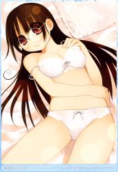 Rule 34 | arima senne, bed, bow, bra, breasts, brown eyes, brown hair, from above, glasses, hand on breast, highres, kashiwamochi yomogi, lace, large breasts, lingerie, long hair, lying, nervous, panties, pillow, red eyes, self hug, underwear