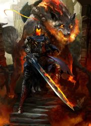 Rule 34 | 1boy, animal, armor, artorias the abysswalker, blue cape, breath weapon, breathing fire, cape, cloud, cloudy sky, dark souls (series), dark souls i, day, debris, embers, faceless, fangs, fire, fire body, flaming eyes, flaming sword, flaming weapon, full armor, glowing, great grey wolf sif, greaves, grey wolf, highres, holding, holding sword, holding weapon, kekai kotaki, knight, light rays, long sword, looking at viewer, outdoors, oversized animal, ruins, severed arm, severed limb, shield, sky, stairs, standing, sunlight, sword, tagme, torn cape, torn clothes, tree, weapon, wolf