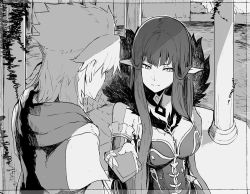 Rule 34 | 1boy, 1girl, amakusa shirou (fate), architecture, bare shoulders, blush, breasts, cape, cleavage, closed mouth, collarbone, column, commentary, couch, detached sleeves, dress, fate/apocrypha, fate (series), fur trim, gift, greyscale, large breasts, long dress, long hair, looking away, monochrome, pillar, pointy ears, ribbon, semiramis (fate), syatey, upper body, valentine, very long hair, water