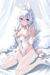 Rule 34 | 1girl, animal ear fluff, animal ears, azur lane, bed, blue eyes, blush, braid, breasts, covered navel, crotchless, crotchless pantyhose, devil heavens, fake animal ears, groin, high heels, highleg, highleg leotard, highres, le malin (azur lane), le malin (listless lapin) (azur lane), legs, leotard, long hair, pantyhose, pillow, playboy bunny, rabbit ears, resolution mismatch, shoes, silver hair, sitting, small breasts, solo, source larger, thigh strap, thighs, twin braids, twintails, very long hair, white footwear, white leotard, white pantyhose