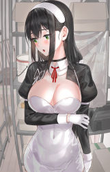 Rule 34 | 1girl, arm under breasts, black choker, black hair, black jacket, breasts, choker, covered navel, cropped jacket, detached collar, dress, gloves, grabbing own arm, green eyes, highres, jacket, kfr, large breasts, long hair, looking away, maid, open mouth, original, sleeveless, sleeveless dress, solo, sweat, white dress, white gloves