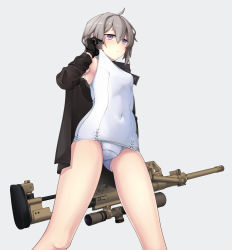 Rule 34 | 1girl, absurdres, ahoge, black gloves, black jacket, bolt action, cheytac m200, clothes pull, covered navel, girls&#039; frontline, gloves, gluteal fold, grey background, grey hair, gun, highres, jacket, m200 (girls&#039; frontline), nakiusagi, one-piece swimsuit, one-piece swimsuit pull, ponytail, purple eyes, rifle, school swimsuit, simple background, sniper rifle, solo, swimsuit, weapon, white one-piece swimsuit