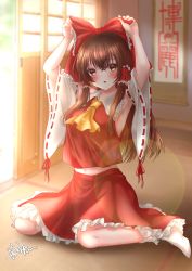 Rule 34 | 1girl, ankle socks, armpits, arms up, ascot, blurry, blurry background, blush, bow, brown eyes, brown hair, commentary, day, detached sleeves, hair between eyes, hair bow, hair tubes, hakurei reimu, hands on headwear, hanging scroll, head tilt, highres, indoors, lens flare, long hair, looking at viewer, midriff, navel, no shoes, on floor, parted lips, red skirt, red vest, ribbon-trimmed sleeves, ribbon trim, scroll, shouji, sidelocks, sitting, skirt, sliding doors, socks, solo, tatami, touhou, very long hair, vest, wariza, white socks, yellow ascot, yin yang, zeronoriku00