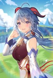 Rule 34 | 1girl, ahoge, aile (crossroads), artist name, bare shoulders, bell, blue hair, blue sky, blush, breasts, detached sleeves, ganyu (genshin impact), genshin impact, grass, highres, horns, long hair, looking at viewer, medium breasts, neck bell, no gloves, outdoors, parted lips, purple eyes, red rope, rope, sidelocks, sky, smile, solo, upper body, white sleeves