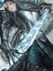 Rule 34 | 1girl, armor, black hair, breastplate, commentary request, earrings, fantasy, faulds, gambeson, gauntlets, hair over one eye, hand on weapon, highres, holding, holding sword, holding weapon, jewelry, knight, left-handed, looking at viewer, original, parted lips, pelvic curtain, plate armor, shisshou senkoku, shoulder armor, solo, sword, weapon