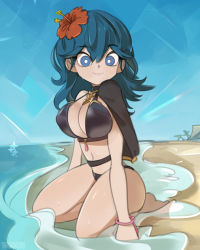 Rule 34 | 1girl, barefoot, beach, belt, bikini, black belt, black bikini, black capelet, blue eyes, blue hair, bracelet, breasts, byleth (female) (fire emblem), byleth (female) (summer) (fire emblem), byleth (fire emblem), capelet, cleavage, feet, fire emblem, fire emblem: three houses, fire emblem heroes, flower, hair flower, hair ornament, halterneck, highres, intelligent systems, jewelry, large breasts, looking at viewer, navel, nintendo, official alternate costume, onionsketch, red flower, seiza, sitting, solo, swimsuit, water