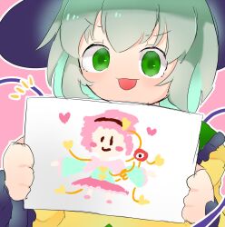 Rule 34 | 1girl, black hat, chikuwa is good, commentary, drawing (object), green eyes, green hair, hat, highres, holding, komeiji koishi, komeiji satori, long sleeves, looking at viewer, open mouth, outline, pink background, simple background, smile, third eye, touhou, upper body, white outline