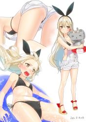 Rule 34 | &gt; &lt;, 10s, 1girl, 2016, :&lt;, all fours, ama mitsuki, ass, bare arms, bare shoulders, bikini, bikini under clothes, black bikini, blonde hair, blush, breasts, brown hair, buttons, cannon, cleavage, closed eyes, collarbone, commentary, dated, from behind, high heels, hug, innertube, kantai collection, looking down, lying, machinery, multiple views, navel, no legwear, on back, overalls, rensouhou-chan, robot, sandals, shimakaze (kancolle), shiny skin, shoes, shorts, side-tie bikini bottom, simple background, small breasts, standing, stomach, swim ring, swimsuit, teardrop, toeless footwear, toes, triangle mouth, turret, upshorts, water, water drop, white background, white shorts