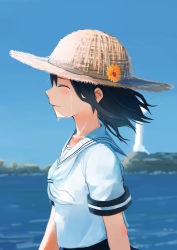 Rule 34 | 1girl, black hair, blush, closed eyes, closed mouth, collarbone, crying, day, floating hair, flower, from side, frown, hair between eyes, hat, inami hatoko, lighthouse, neckerchief, ocean, original, outdoors, sailor collar, school uniform, serafuku, solo, straw hat, sun hat, upper body, white neckerchief, yellow flower