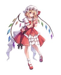 Rule 34 | 1girl, absurdres, adapted costume, back bow, bag, blonde hair, blush, bobby socks, bow, closed mouth, crystal, cup, disposable cup, drink, drinking straw, flandre scarlet, frills, full body, handbag, hands up, hat, hat ribbon, head tilt, highres, holding, holding drink, kure~pu, looking at viewer, mary janes, medium hair, milkshake, mob cap, plaid bag, puffy short sleeves, puffy sleeves, red eyes, red footwear, red skirt, red vest, ribbon, sailor collar, shirt, shoes, short sleeves, shoulder bag, skirt, skirt set, smile, socks, solo, standing, standing on one leg, touhou, transparent background, vest, white shirt, white socks, wings, wrist ribbon, yellow neckwear