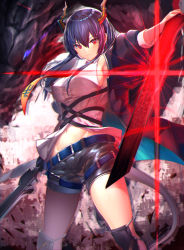 Rule 34 | 1girl, absurdres, arknights, armpits, belt, black jacket, black shorts, blue belt, blue hair, breasts, ch&#039;en (arknights), commentary request, feet out of frame, groin, hair between eyes, highres, holding, holding sword, holding weapon, horns, huge filesize, jacket, long hair, looking at viewer, medium breasts, navel, open clothes, open jacket, outstretched arm, partial commentary, red eyes, shirt, short shorts, shorts, solo, standing, sword, tail, takechii, thighs, weapon, white shirt
