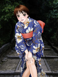 Rule 34 | 1girl, blue kimono, brown eyes, brown hair, highres, japanese clothes, kimono, nail polish, original, photo background, solo, yui toshiki, yukata