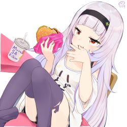 Rule 34 | 1girl, alternate costume, black shorts, blunt bangs, blush, burger, character name, cup, disposable cup, drink, feet out of frame, food, hairband, highres, holding, holding food, hololive, long hair, murasaki shion, nejime, open mouth, purple thighhighs, shirt, shorts, signature, silver hair, simple background, solo, t-shirt, thighhighs, thighs, virtual youtuber, white background, white shirt