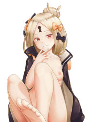 Rule 34 | 1girl, abigail williams (fate), abigail williams (traveling outfit) (fate), absurdres, barefoot, belt, black bow, black jacket, blonde hair, blue eyes, blush, bow, breasts, collarbone, fate/grand order, fate (series), feet, forehead, hair bow, hair bun, hakuya kung, heroic spirit traveling outfit, highres, jacket, keyhole, long hair, long sleeves, looking at viewer, nipples, no bra, official alternate costume, orange belt, orange bow, parted bangs, polka dot, polka dot bow, red eyes, single hair bun, small breasts, smile, soles, solo, toes
