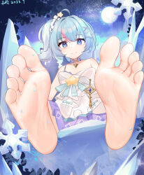 Rule 34 | 1girl, ahoge, aqua nails, armpit crease, bare shoulders, barefoot, blue eyes, blue hair, blush, character request, choker, closed mouth, collarbone, copyright request, crystal, dated, dress, eyelashes, feet, foot focus, hair intakes, highres, kalun (fwme3378), long hair, looking at viewer, multicolored hair, nail polish, outdoors, paid reward available, purple choker, purple dress, short dress, side ponytail, single strap, sitting, smile, soles, solo, star-shaped pupils, star (symbol), streaked hair, symbol-shaped pupils, toenail polish, toenails, toes, white dress